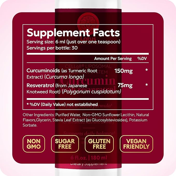 Liposomal Turmeric Curcumin with Resveratrol Liquid for Joint Support, Inflammation & Healthy Aging – Fast-Acting Curcumin Complex with CELLg8, High Absorption, Vegan, Non-GMO – 30 Servings, 6 fl oz