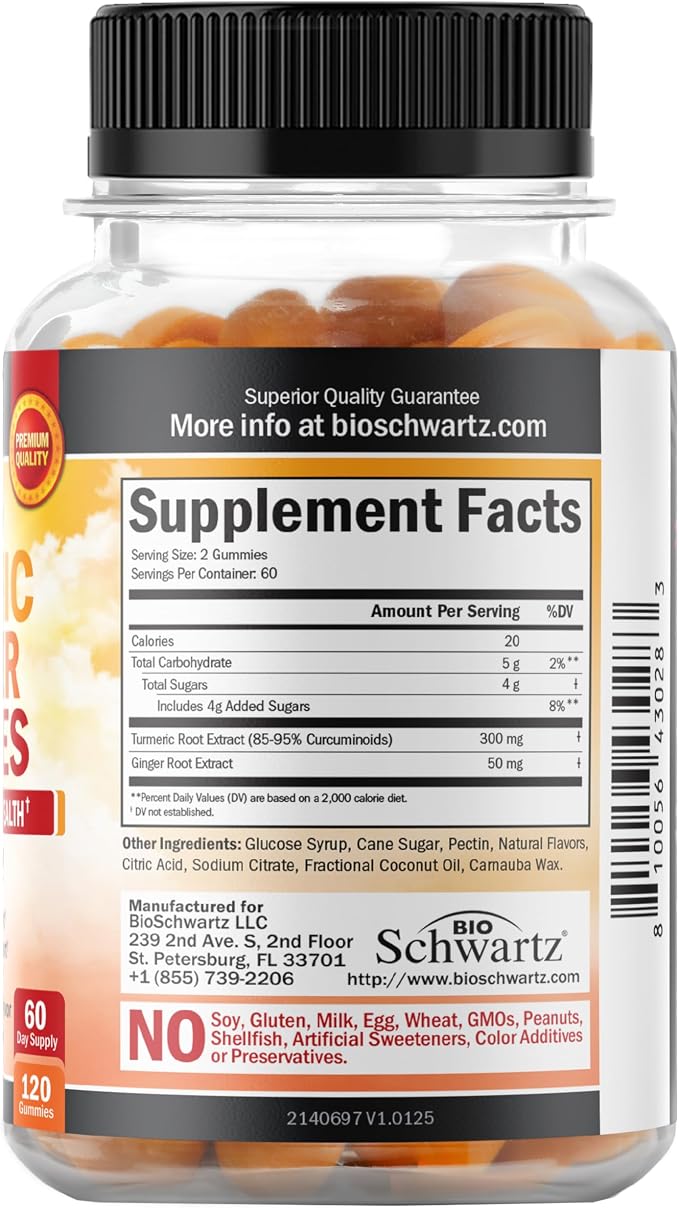 Turmeric Curcumin with Ginger Gummies - Natural Extra Strength Joint Support Supplement, Delicious Peach Flavor Ultra High Absorption Turmeric Supplement Non-GMO, Gluten Free 120 Count