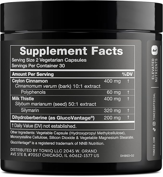 Toniiq Dihydroberberine Supplement - Ultra High Potency 1,000mg Formula with GlucoVantage, 10:1 Ceylon Cinnamon & 50:1 Milk Thistle - Third-Party Lab Tested
