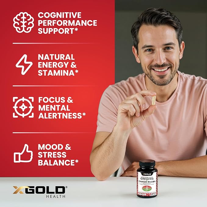 X Gold Health Korean Red Panax Ginseng + Ginkgo Biloba 7% Ginsenosides Extra Strength Energy, Memory, Focus & Brain Support Premium Supplement for Men & Women Non-GMO, 120 Vegan Capsules