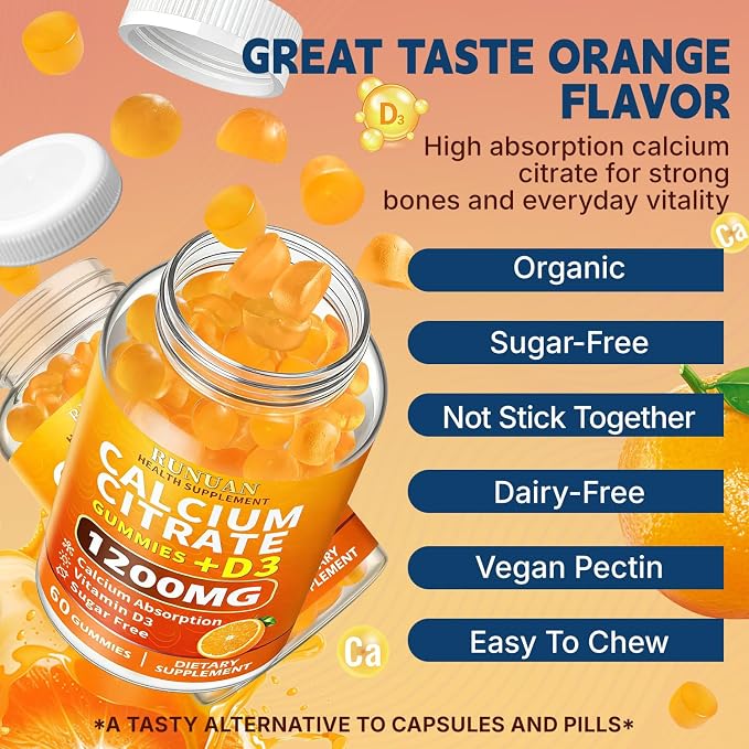 (2 Pack) Calcium Citrate 1200mg Gummies with Vitamin D3 for Women Men - High Absorption Calcium Gummies Supplements for Bone Teeth Muscle Healthy, Sugar Free, Vegan, Non-GMO, Orange Flavor, 120 Count