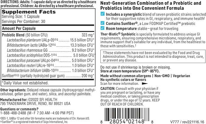 Klaire Labs SFI Health Ther-Biotic Synbiotic - Prebiotics and Probiotics for Women & Men - 50 Billion CFU Probiotic Capsules with Sunfiber - Digestive Health and Immune Support (30 ct)