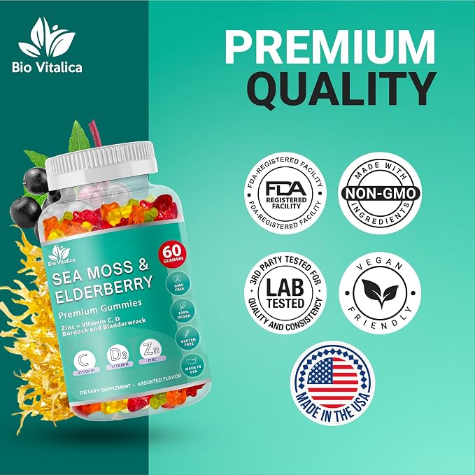 BIO VITALICA Irish Sea Moss Gummies with Elderberry – USA Made Vegan Gummies with Vitamin C, D & Zinc – Immune Support Supplement with Bladderwrack & Burdock Root for Adults & Kids – 3 Packs