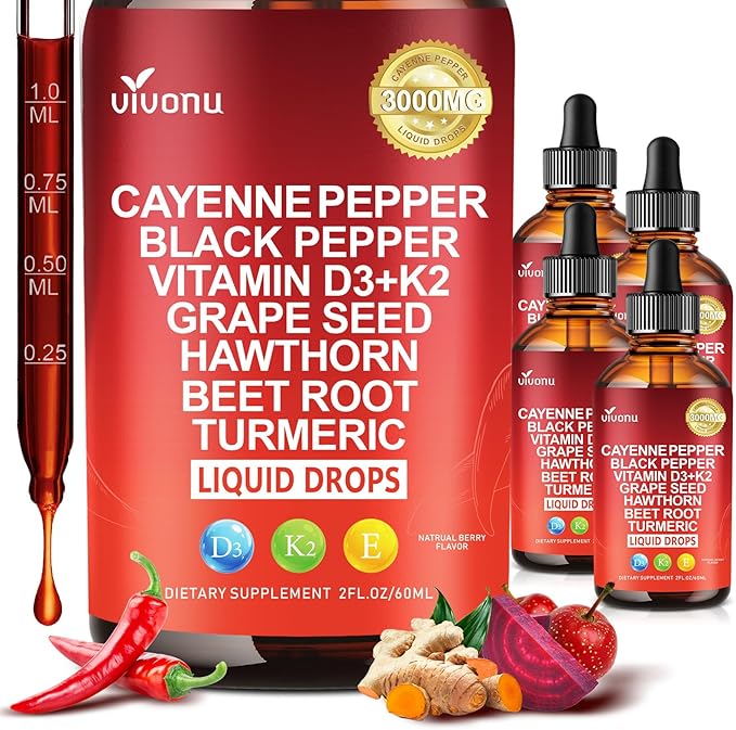 VivoNu Cayenne Pepper Softgels Supplement, Supports Leg Vein, Heart and Blood Vessel Health, with Vitamin E D3+K2 and Extracts of Grape Seed, Hawthorn, Beetroot, Berberine (Drops /4 Bottle)
