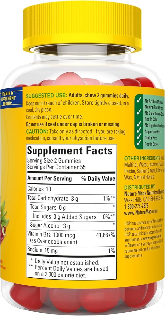 Nature Made Zero Sugar Energy Vitamin B12 Gummies 1000 mcg per Serving, B12 Vitamin, Energy Metabolism Support, Aspartame Free, 110 Sugar Free Gummies, 55 Day Supply