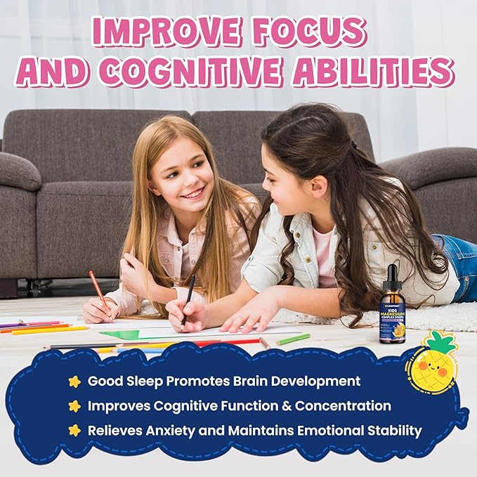 Magnesium Complex Liquid for Kids - Magnesium Glycinate, Malate, Taurate, Citrate with Calcium, Omega-3, L-theanine, Zinc,Vitamin B6 D3 C for Sleep, Relaxation, Calm & Focus, Pineapple Flavor, 2 Fl Oz