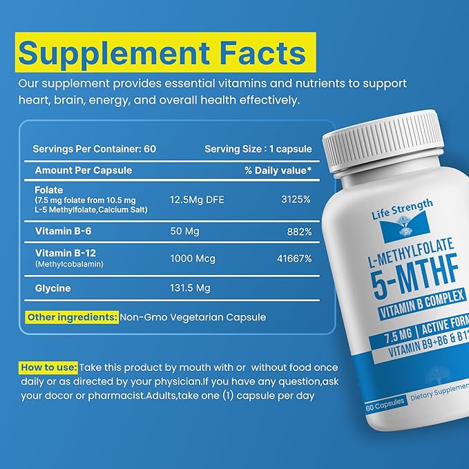 L-Methylfolate 7.5mg + Vitamin B Complex - 5-MTHF, B6 & B12 Methylcobalamin - 60 Capsules - Professional Strength Active Methyl Folate - Non GMO, Gluten Free, No Fillers (2-Month Supply)