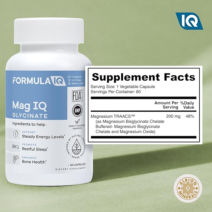 Formula IQ - Mag IQ Glycinate - Magnesium Bisglycinate Chelate TRAACS - High Absorption Magnesium Glycinate Supplement - Sleep, Daily Energy, & Bone Wellness - 60 Capsules