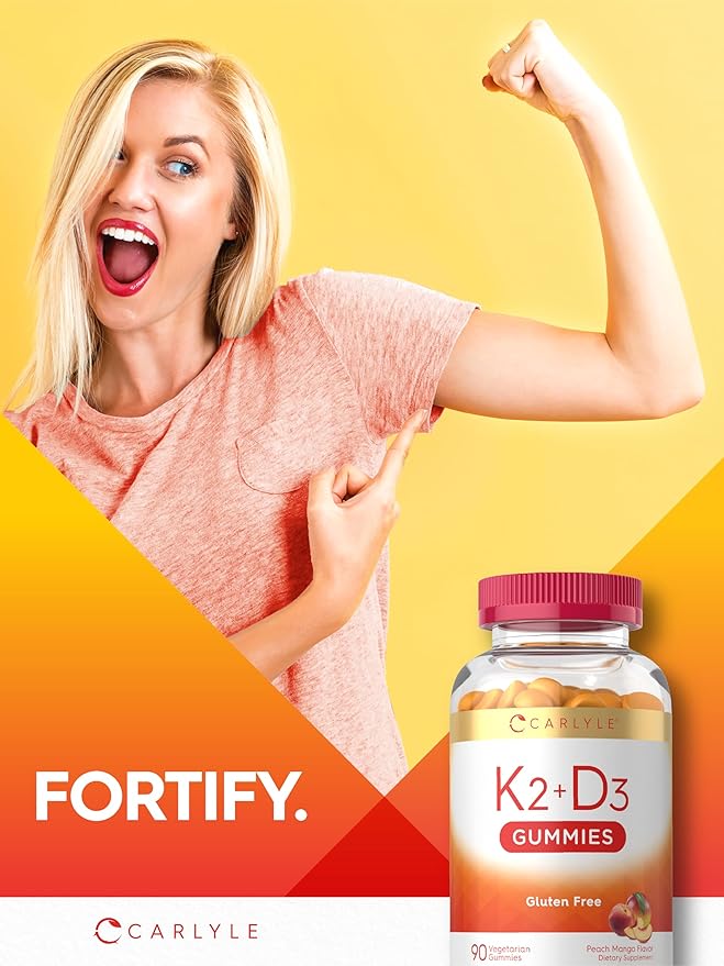 Carlyle Vitamin D3 K2 Gummies | 90 Count | 5,000 IU of D3 + 50 mcg MK7 | Peach Mango Flavor | Vegetarian, Non-GMO, and Gluten Free Supplement