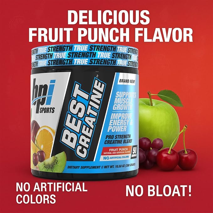BPI Sports Best Creatine - Creatine Monohydrate Powder for Men & Women, Himalayan Salt - Strength, Pump, Endurance, Muscle Growth, Muscle Definition - No Bloat – Fruit Punch – 50 servings – 10.58 oz