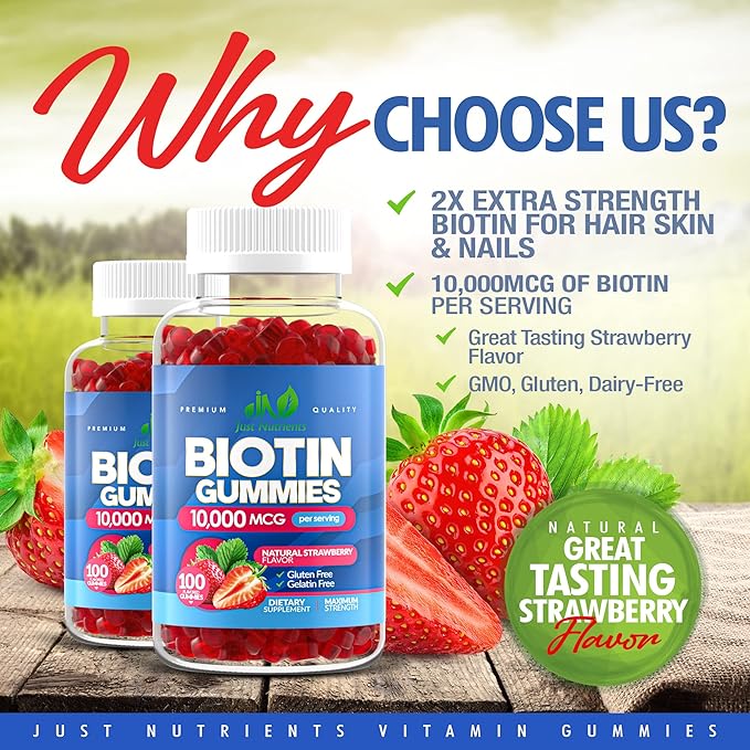 Biotin 10,000mcg Gummies for Hair Growth, Skin & Nails (100 Count) - 2x Maximum Strength Biotin Vitamins for Women & Men - Gluten-Free, Vegan, Non-GMO, Great Tasting Strawberry Flavor - 100 Gummies