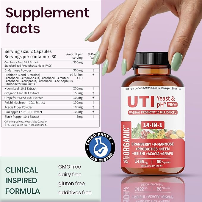 UTI Flora & Odor Pro+ & UTI Yeast & pH Pro+ | Pack of 2 | Vaginal Probiotics for Feminine Hydration & Freshness Support | Third-party Tested, cGMP Facility, Vegan, Non-GMO, Gluten-Free | 60+60 Caps