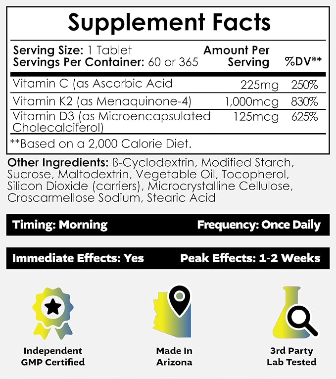 Nootropics Depot Vitamin D3 + K2 with Vitamin C Tablets | 365 Count | Cholecalciferol + Menaquinone-4 (MK-4) | Mood, & Bone Health | Healthy Calcium Absorption