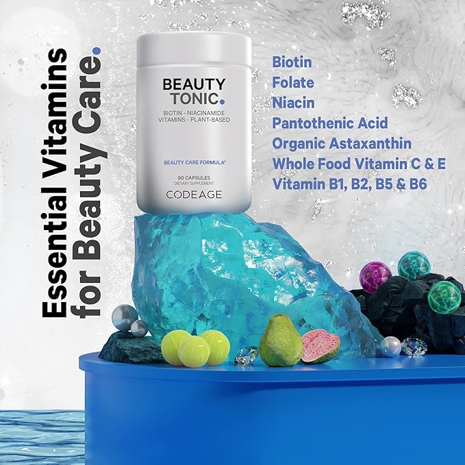 Codeage Biotin Supplement with Vitamin C, Vitamin E, Vitamin B6, Niacin, Folate, Organic Food Blend, Phytoceramides, Astaxanthin, Selenium - Beauty Tonic - Hair, Skin, and Nail Support - Vegan, 90 Ct