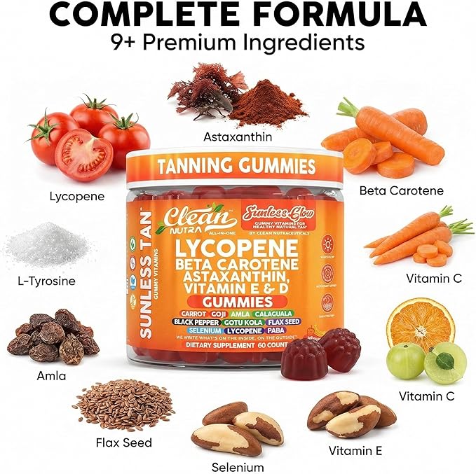 Sunless Glow Lycopene Beta Carotene Tanning Gummies Astaxanthin Vitamin C D E Flax Seed Selenium Amla l Tyrosine PABA Black Pepper 60 Count Strawberry Banana Flavor By Clean Nutra