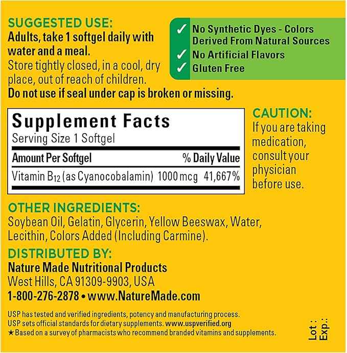 Nature Made Vitamin B12 1000 mcg, Dietary Supplement for Energy Metabolism Support- 90 Softgels.,