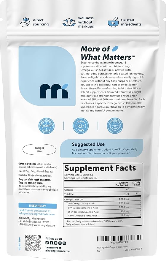 Micro Ingredients Triple Strength Omega 3 Fish Oil Supplements 4200mg Per Serving, 120 Softgels – Lemon Flavored – Burpless | EPA 1200mg + DHA 900mg | Deep Sea Fish