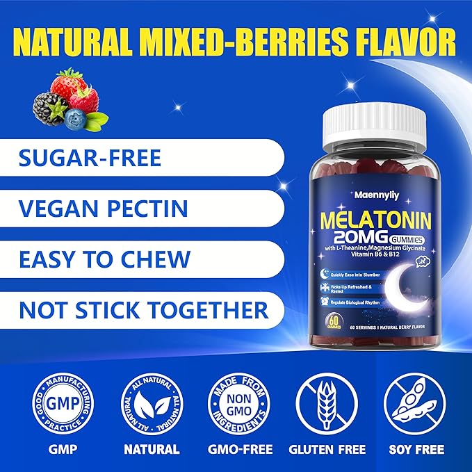 Maennyliy Melatonin 20mg Gummies for Adults - Sugar Free Melatonin Gummies Extra Strength with L-Theanine, Magnesium, Ashwagandha, Turmeric, D3 & Zinc - Non-Habit Forming