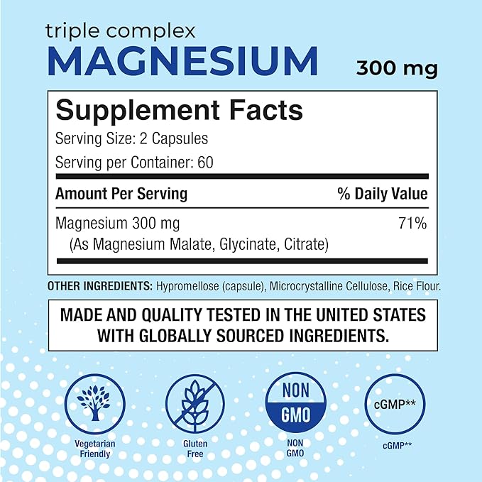 Puregen Labs Triple Magnesium Complex 300mg of Magnesium Glycinate, Malate, & Citrate [High Absorption] Total 240 Veg Capsules | No Harmful Additives | Non-GMO, NO Gluten and Dairy