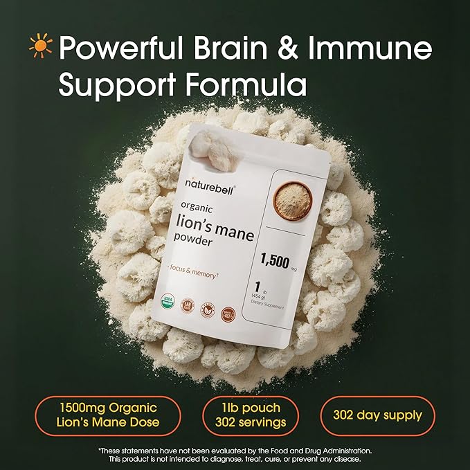NatureBell Organic Lion’s Mane Powder 1,500mg - 1 lb - Brain, Focus & Memory Support* - Whole Fruiting Body & Mycelium - Non-GMO & Gluten-Free