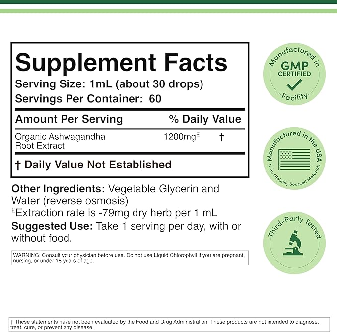 Ashwagandha Organic Drops for Stress Relief (1,200mg, 60 Servings) Ashwagandha Tincture for Adrenal Support and Cortisol Manager (Vegan Safe, Gluten Free, Non-GMO) by Double Wood