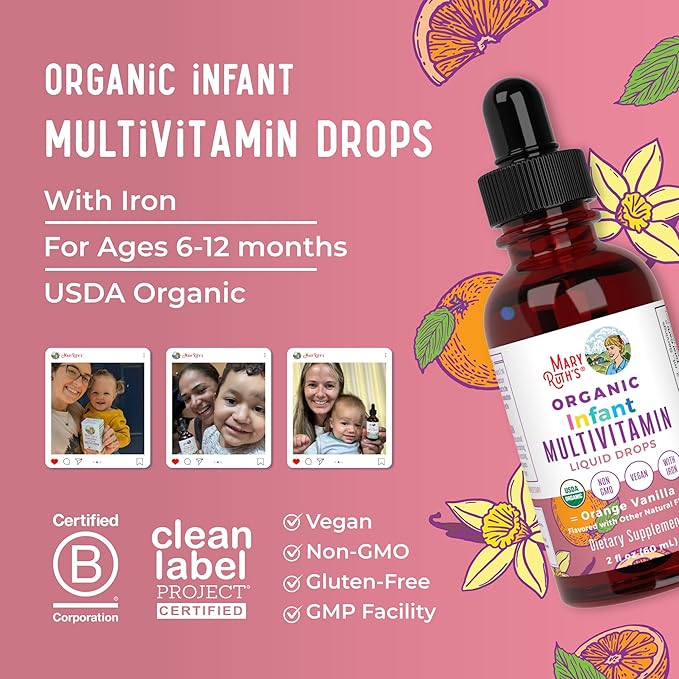 MARYRUTH'S Organics Multivitamin with Iron for Infants | USDA Organic | Liquid Drops for Babies 6-12 Months | Immune Support & Overall Wellness | Vegan | Non-GMO | Gluten Free | 2 Fl Oz