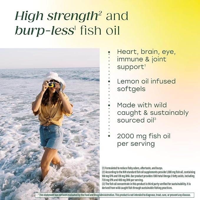 MegaFood 2000mg Fish Oil Omega 3 Supplements - Burp-Less & Lemon Oil Infused - Heart, Brain, Eye, Joint & Immune Support Supplement - 1200mg EPA & DHA Per Serving - 90 Softgels, 45 Servings