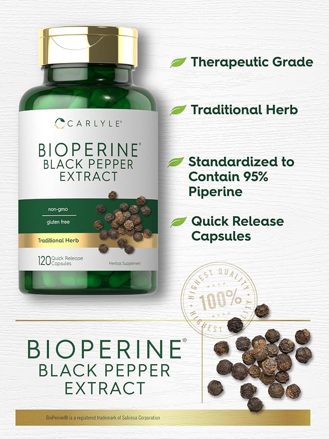 Carlyle Bioperine 10mg | 120 Capsules | Non-GMO & Gluten Free | Sourced from Black Pepper Extract | Supports Curcumin Powder Absorption