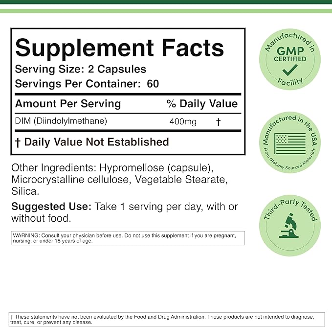 DIM Supplement for Women and Men (Diindolylmethane Estrogen Blocking Supplement, Hormonal Acne Treatment, Hormone Balance for Women) 400mg Servings, 200mg Per Capsule, 120 Capsules by Double Wood