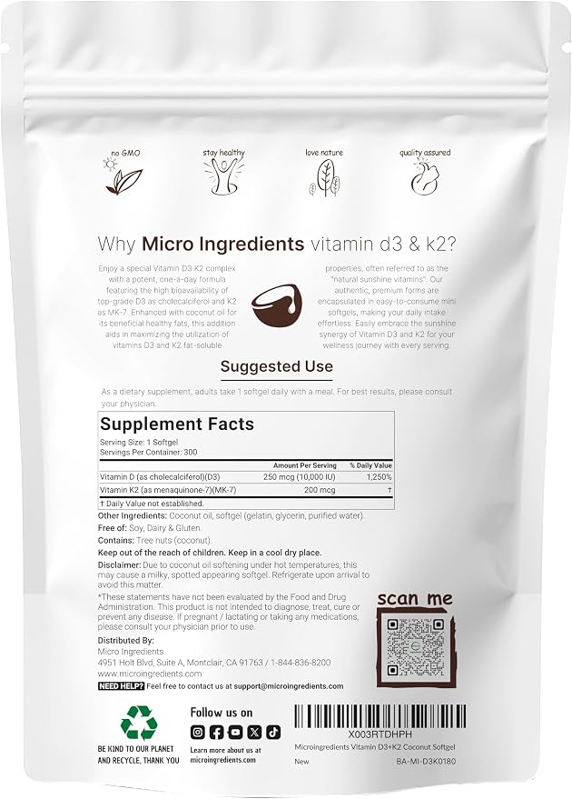 Micro Ingredients Vitamin D3 10,000 IU + K2 MK-7 200 mcg, 600 Softgels with Virgin Coconut Oil (2 Pack) | 2-in-1 Vitamins D & K Complex | Extra Strength, Easy to Swallow, Non-GMO, Gluten Free