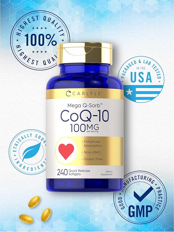 Carlyle CoQ10 100mg Softgels | 240 Count | Mega Q-Sorb Coenzyme Q-10 | with Black Pepper Extract | Non-GMO and Gluten Free Supplement