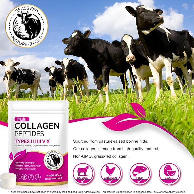 Collagen Peptides Powder, Multi Type I II III V X with Hyaluronic Acid, Biotin & Vitamin C, Unflavored Hydrolyzed Protein, Collagen for Women, Men, Keto & Paleo Friendly, Unflavored, 16 oz