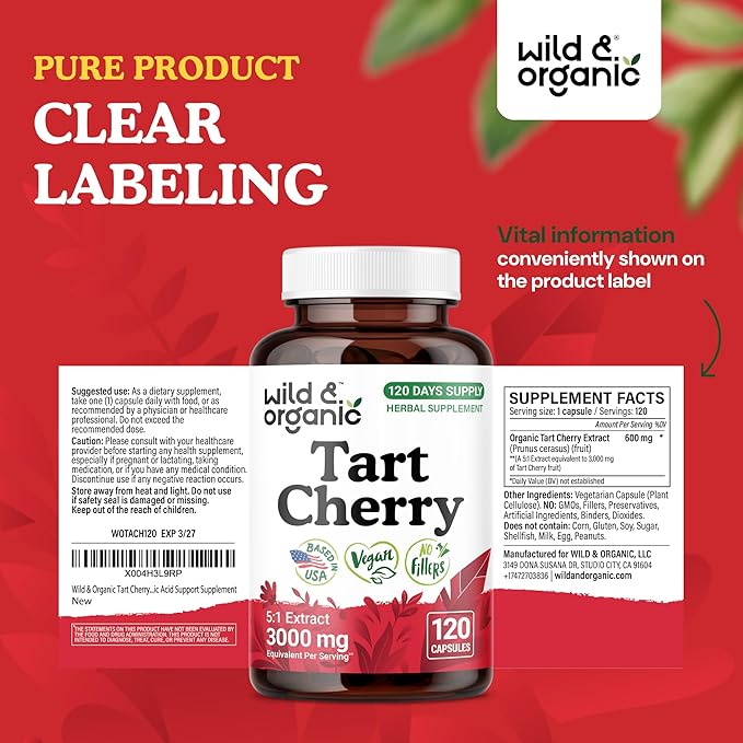 Wild & Organic Tart Cherry Capsules 600 mg - Uric Acid Support - Tart Cherry Powder Supplement - Prunus Cerasus Fruit Extract - 120 Days of Supply - Vegan, No Fillers, Non-GMO - 120 Count