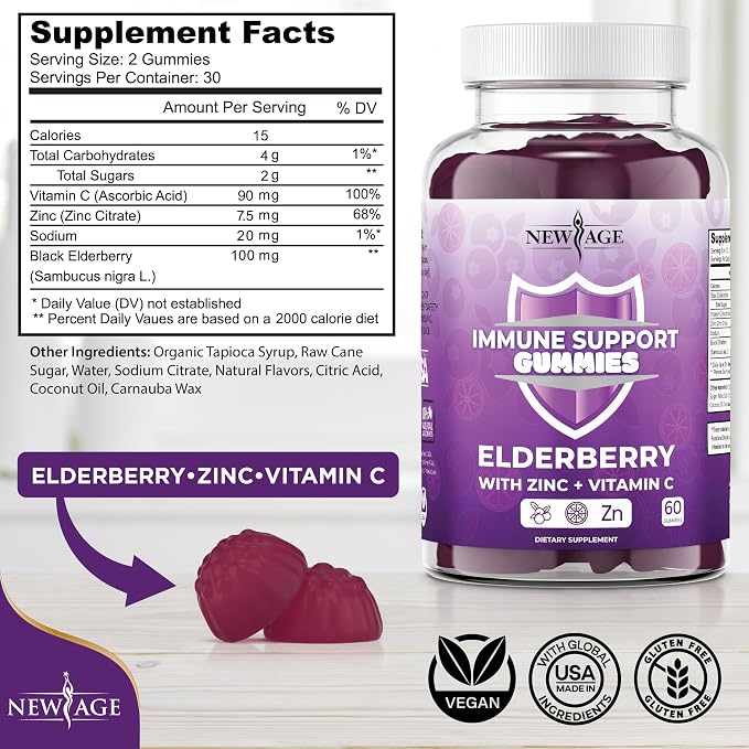 NEW AGE Immune System Support Gummies - Sambucus Black Elderberry Gummies with Vitamin C and Zinc (180 Count (Pack of 3))