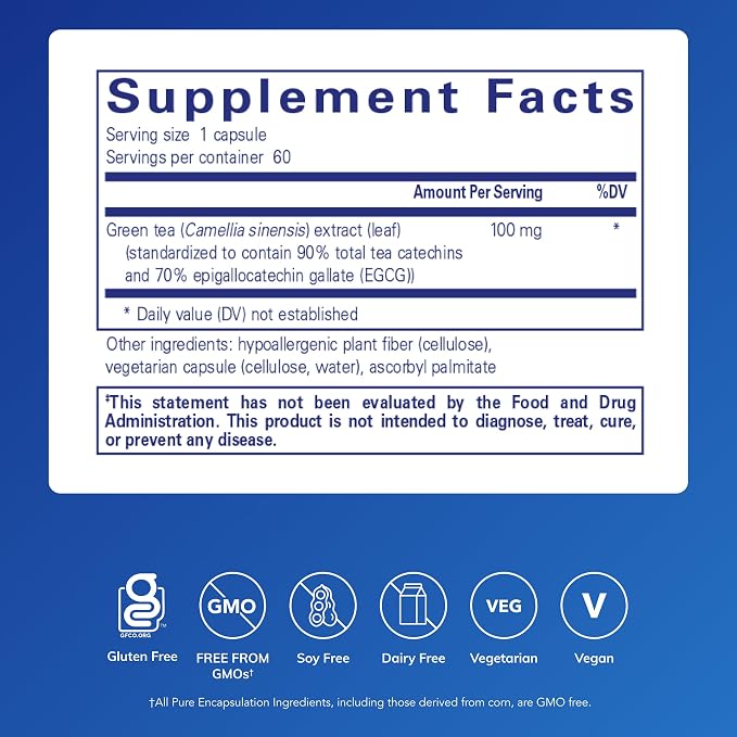 Pure Encapsulations Green Tea Extract (Decaffeinated) | Hypoallergenic Antioxidant Support for All Cells in the Body* | 60 Capsules