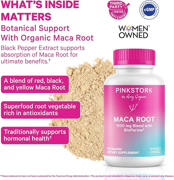 Pink Stork Maca Root Capsules for Women – Organic Maca with BioPerine® for Hormonal Balance, Energy + Wellness – Supports Perimenopause, Menstrual Health, and Vitality