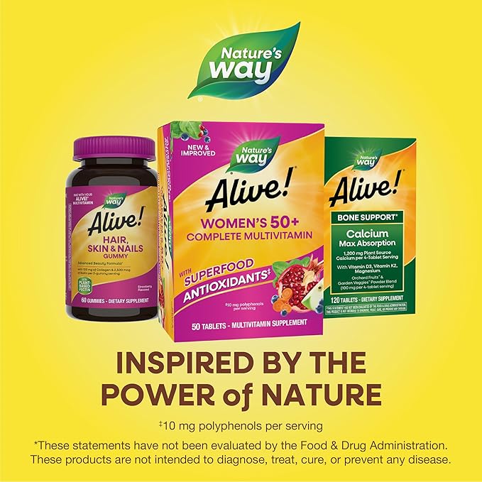 Nature's Way Alive! Women's 50+ Complete Multivitamins, Supports Healthy Heart, Brain, Bones*, Superfood Antioxidants(1), B-Vitamins, Gluten Free, 50 Tablets (Packaging May Vary)