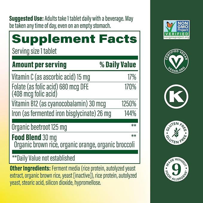 MegaFood Blood Builder Iron Supplement for Women & Men - Increase Iron Levels Without Side Effects - Combats Fatigue - with Vitamin B12, Folic Acid & Vitamin C for Absorption - Vegan - 30 Tablets