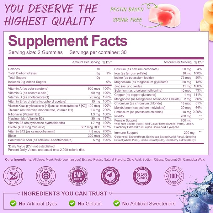 (2 Pcs) Totaria Sugar Free Multivitamin Gummies for Women 14+ w/Iron, Inositol, Folate, Biotin, Womens Daily Multivitamin Gummy w/Vitamin A, C, B, D3, K2, for Hair, Skin, Energy, Immune, Mixed Flavors