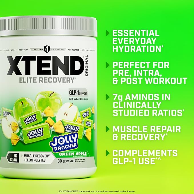 Xtend Original BCAA Powder, 7g BCAAs and 2.5g L-Glutamine for Muscle Recovery, Hydration, and Lean Muscle, Sugar Free Intra and Post Workout Drink with, Green Apple Jolly Rancher, 30 Servings