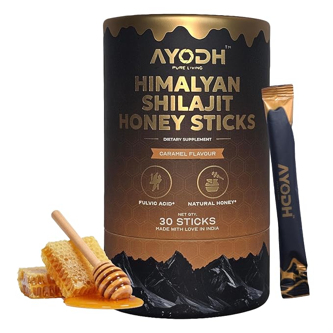 Pure Himalayan Shilajit Honey Sticks with Natural Honey & Caramel 30 Sticks | 75%+ Fulvic Acid, 85+ Trace Minerals | Support Energy & Immunity | Easy Single-Use Packets for Men & Women