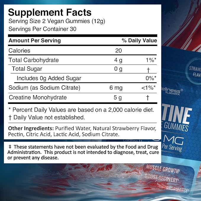 WELLNESS LABSRX Creatine Gummies 5000mg, 30 Servings Creatine Monohydrate Gummies, Strawberry Flavor Creatine for Men - Pack of 2