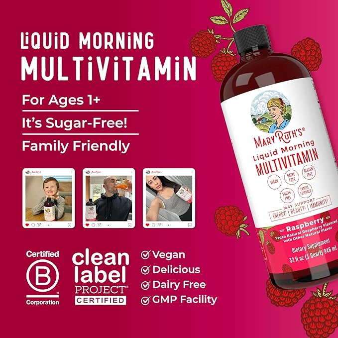 MARYRUTH'S Liquid Morning Multivitamin for Women, Men & Kids | Vitamin A C D E B6 B12 Biotin Zinc | Beauty | Vegan | Non-GMO | Gluten Free | 32 Servings