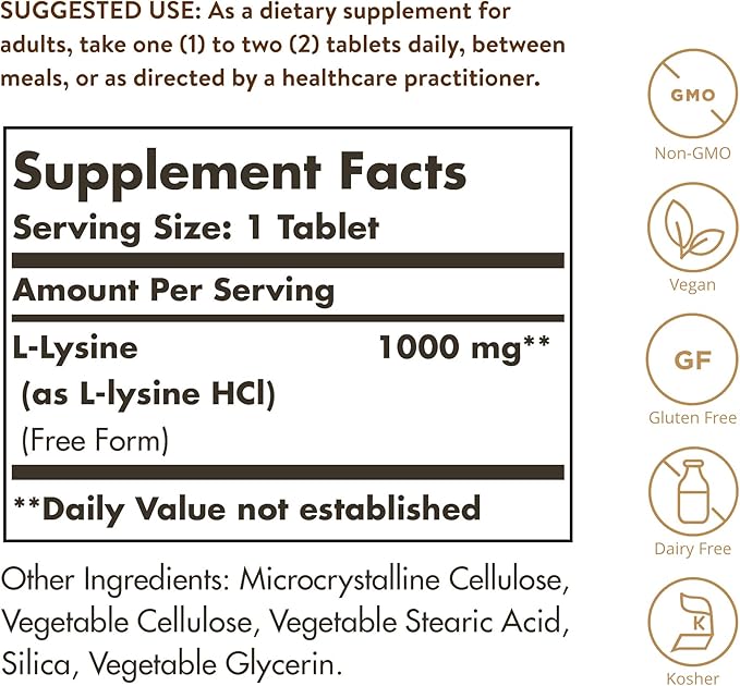 Solgar L-Lysine 1000 mg, 250 Tablets - Enhanced Absorption and Assimilation - Promotes Integrity of Skin and Lips - Collagen Support - Amino Acids - Non-GMO, Vegan, Gluten Free-250 Servings(Pack of 2)
