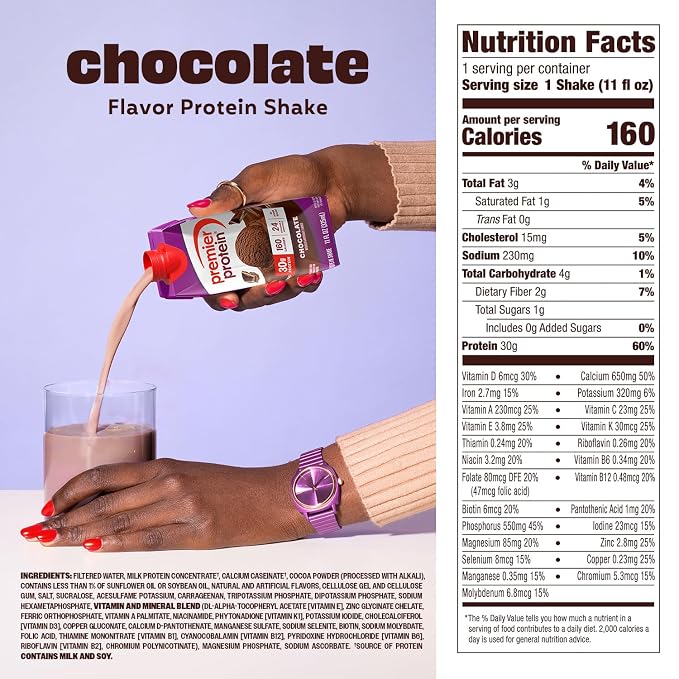 Premier Protein Shake, Chocolate, 30g Protein, No Added Sugar, 24 Vitamins & Minerals to Support Immune Health, 11 fl oz, 4 Pack