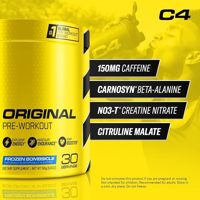 C4 Original Pre-Workout Powder For Endurance, Focus & Performance with 150mg Caffeine, Beta-Alanine, Creatine, Sugar Free Pre-Workout for Men & Women, 30 Servings, Frozen Bombsicle