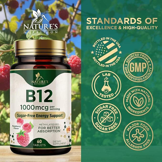Vitamin B12 - 1000 mcg Per Serving Maximum Strength Methylcobalamin B-12 Chewable Tablet - Energy, Nervous System & Brain Support - Fast Dissolve, Gluten-Free, Non-GMO for Women & Men - 60 Tablets