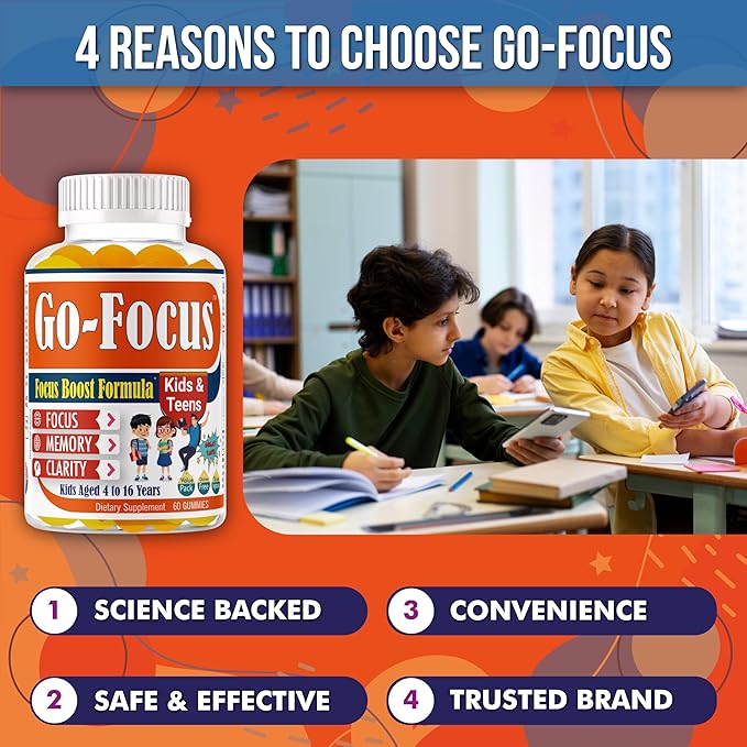 BrightKids Brain Supplements for Memory and Focus, Omega 3 & DHA Focus Gummies for Kids, Memory Booster Focus Supplement for Kids & Teens- Low-Sugar, Natural Fruit Flavor 60 Gummies