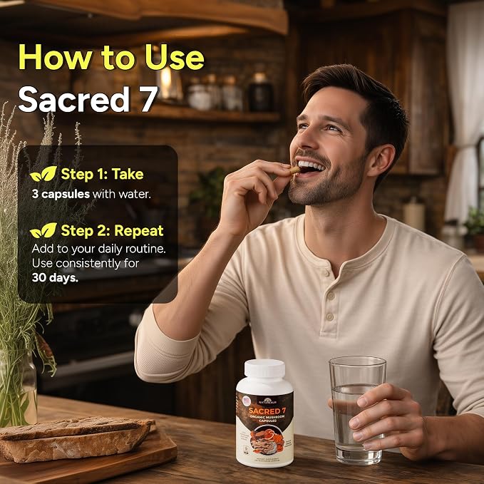 Naturealm Sacred 7 Mushroom 7-in-1 Blend Capsules Supplement (60 Day Supply) | Supports Daily Immune Defense & Focus | Lions Mane, Reishi, Chaga & More | Organic, Premium 100% Fruiting Body Extract