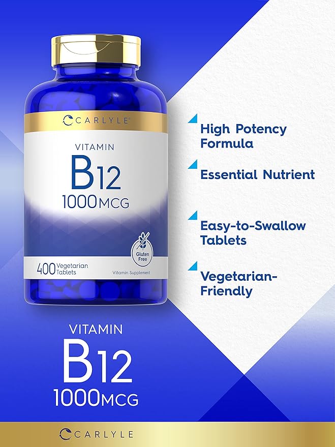 Carlyle Vitamin B12 1000 mcg | 400 Tablets | Vegetarian, Non-GMO, Gluten Free Supplement